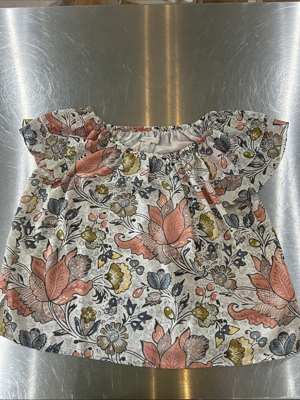 LOFT Floral Top in Peach, Olive, & gold sparkles